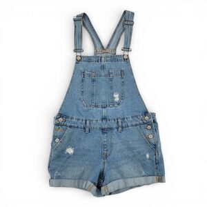 Aero Womens M Denim Short Overalls Cotton Blue Distressed Bib Y2K Festival